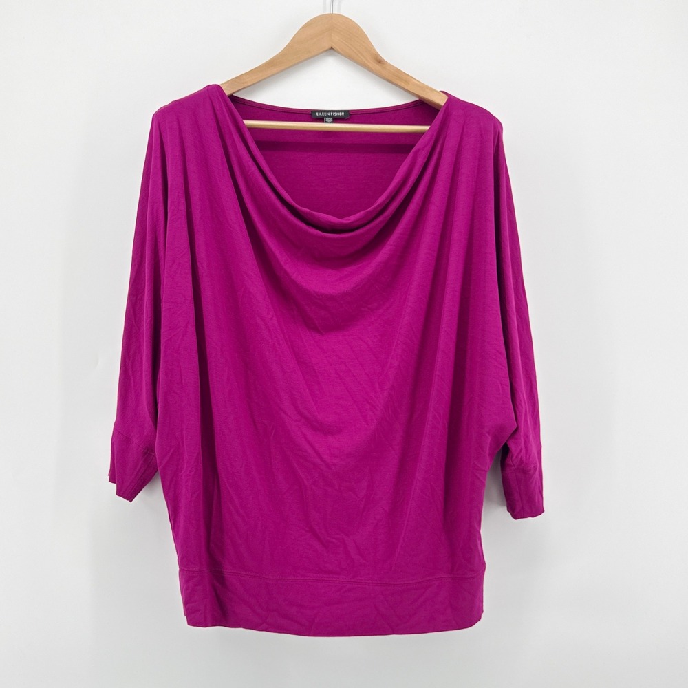 Eileen Fisher Womens Magenta Rayon Lycra Cowl Neck Batwing Tunic Top Size M
